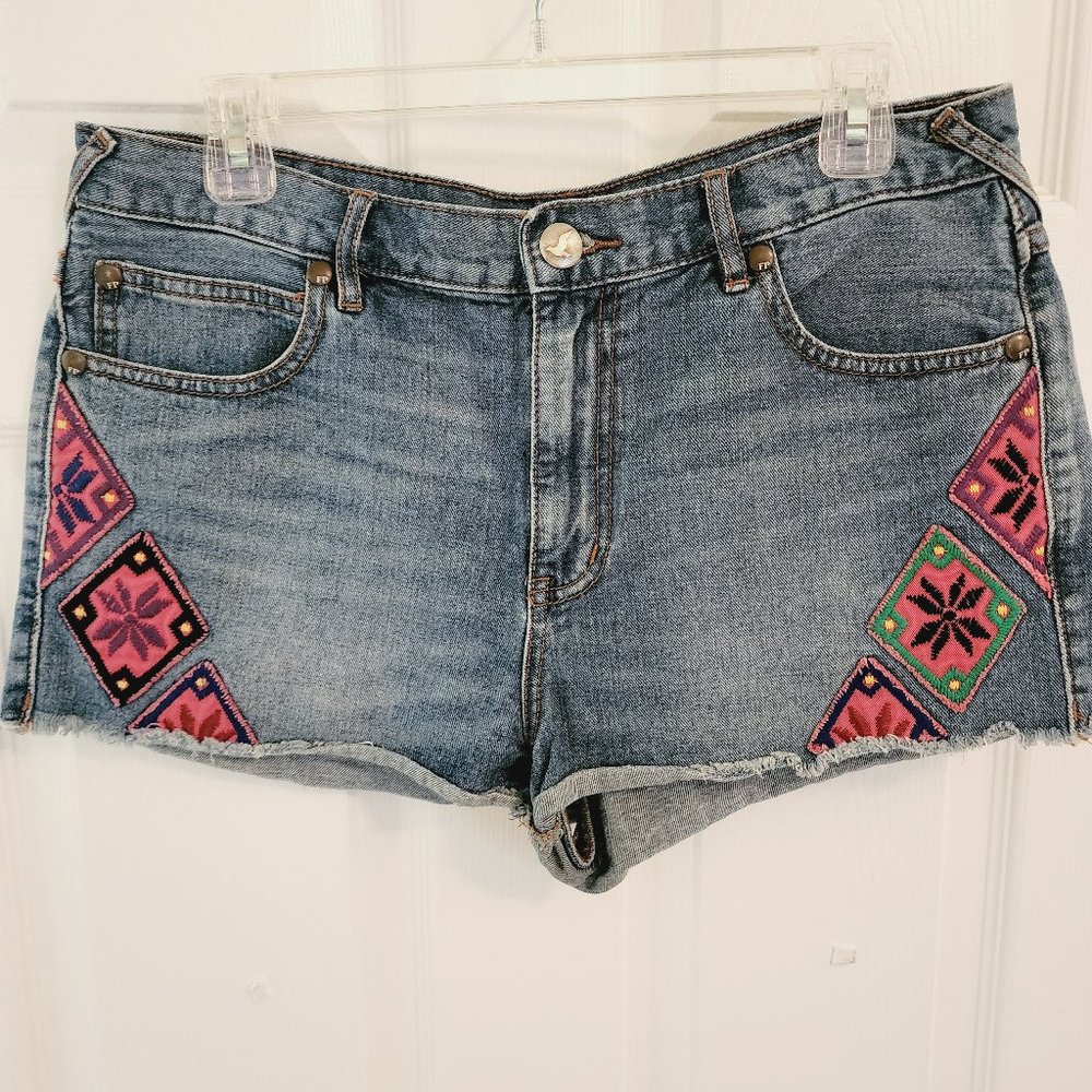 Free People Blue Denim Jean Shorts with Pink & Green Embroidered Accents
